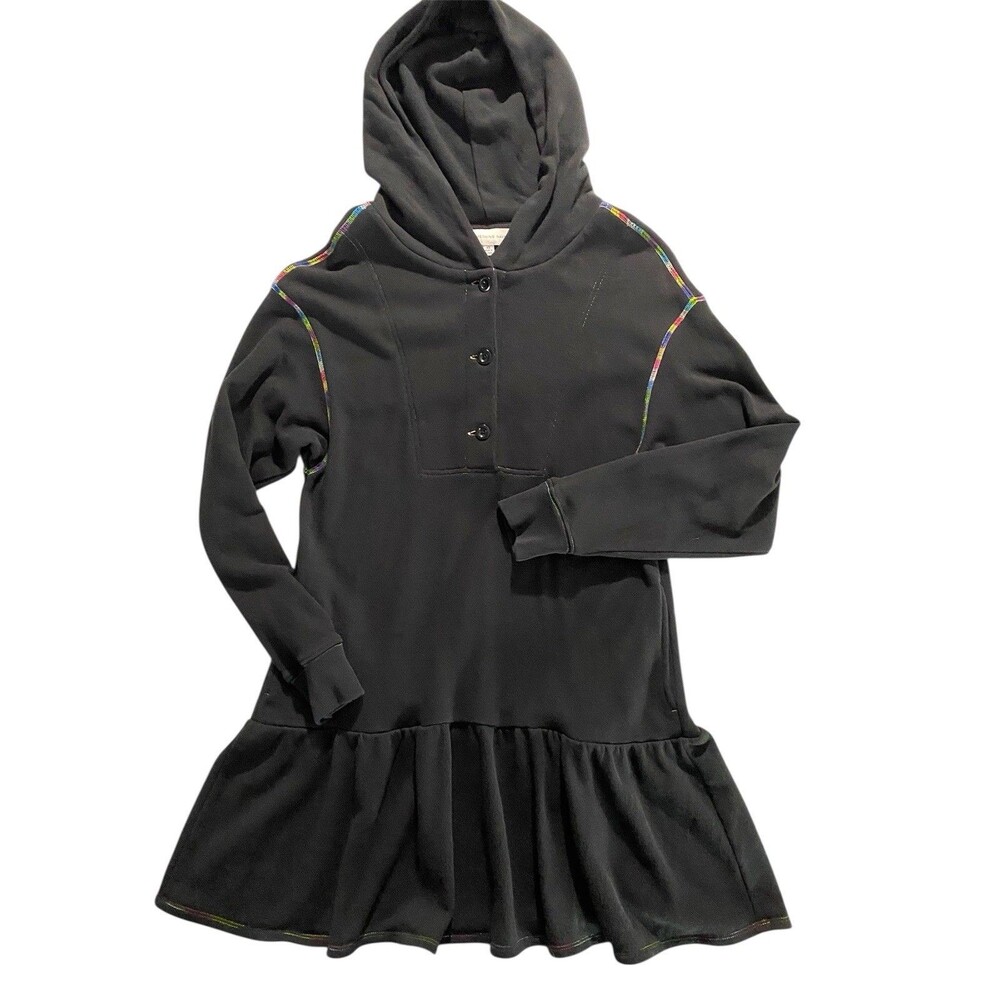 Something Navy Henley Sweatshirt Dress W Hood XS 100% Cotton Rainbow Stitching